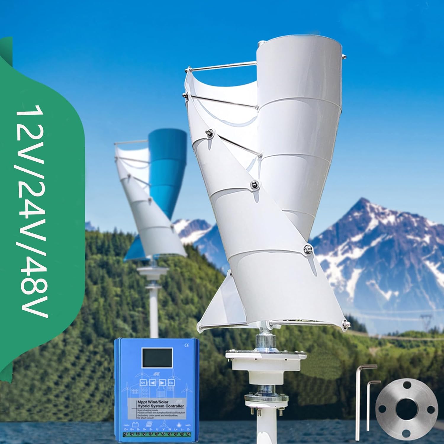 12V 24V 48V Wind Vertical Turbine Generator 3000W, White Spiral Wind Vertical Turbine Generators with Controller for Home Use System (10 Blade)