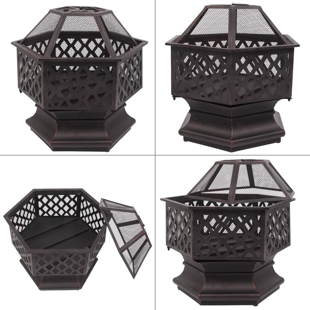 Knocbel Outdoor Hexagonal Iron Firepit, Wood Burning Stove Fire Pit with Spark Screen for Garden Deck Backyard Poolside, 26.4