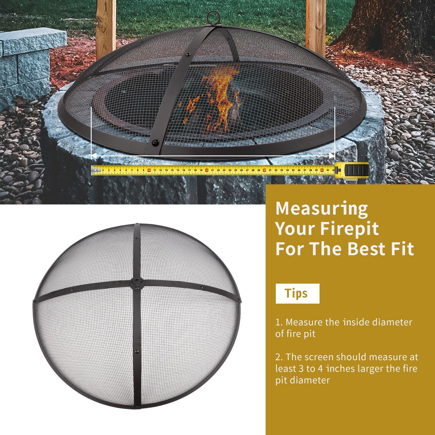 32Inch Heavy Duty Steel Fire Pit Spark Screen Cover,Outdoor Round Patio Mesh FirePit Screens Guard,Domed Fire Pit Ember Lid with Handle