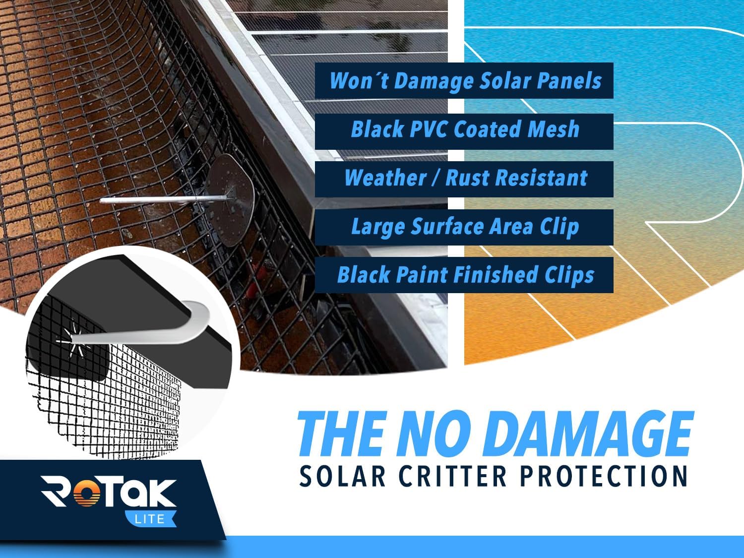 ROTAK Critter Guard - 8in x 100ft Solar Panel Bird Guard with Fastener Clips - Galvanized Black PVC Coated ½ inch Wire Roll Mesh (6