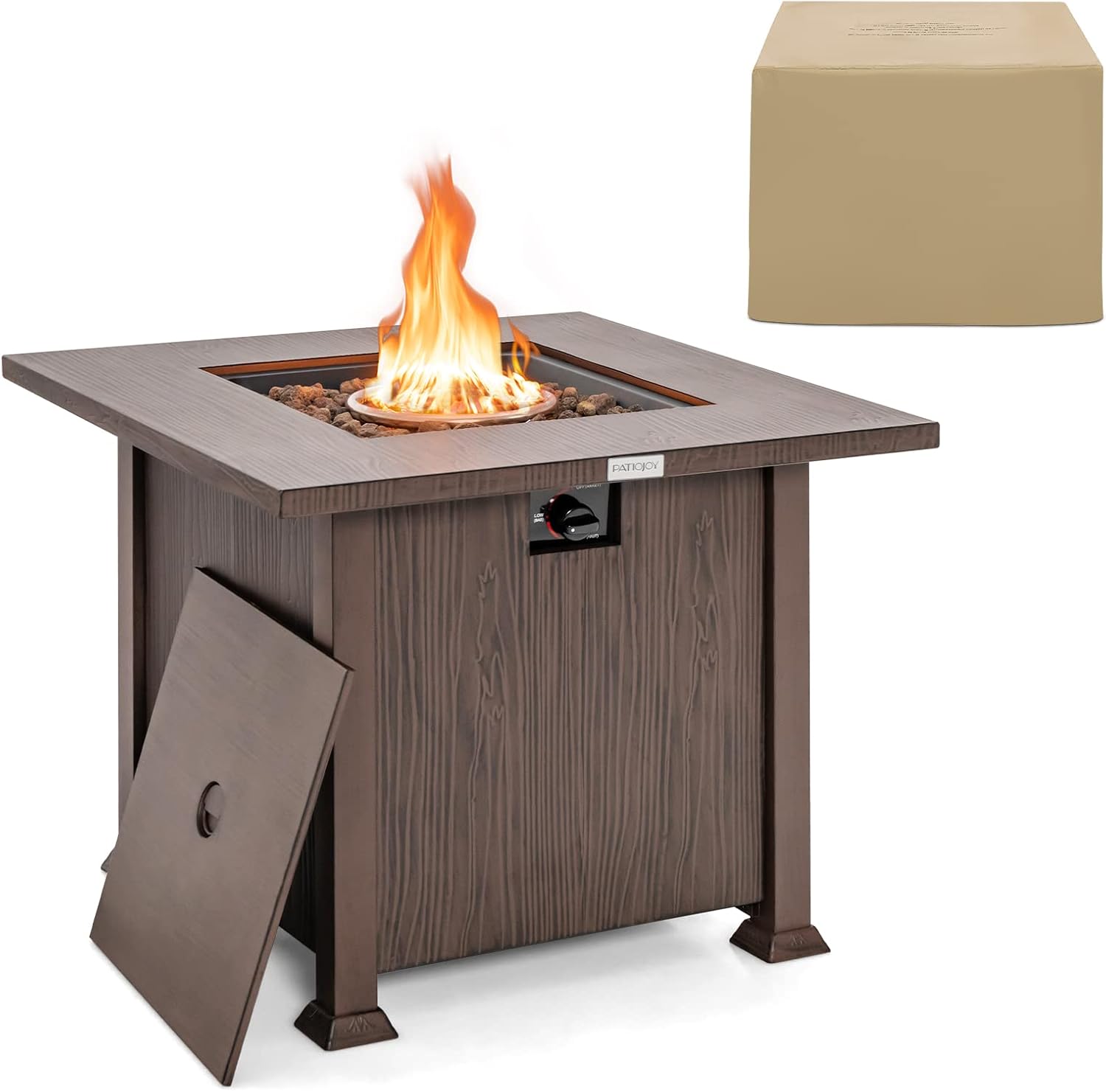 Tangkula 32 Inches Propane Fire Pit, Patiojoy 50,000 BTU Gas Fire Pit Table with Lid, Lava Rocks, Protective Cover, 2-in-1 Outdoor Fire Table with Adjustable Flame, Stainless Steel Burner (Brown)
