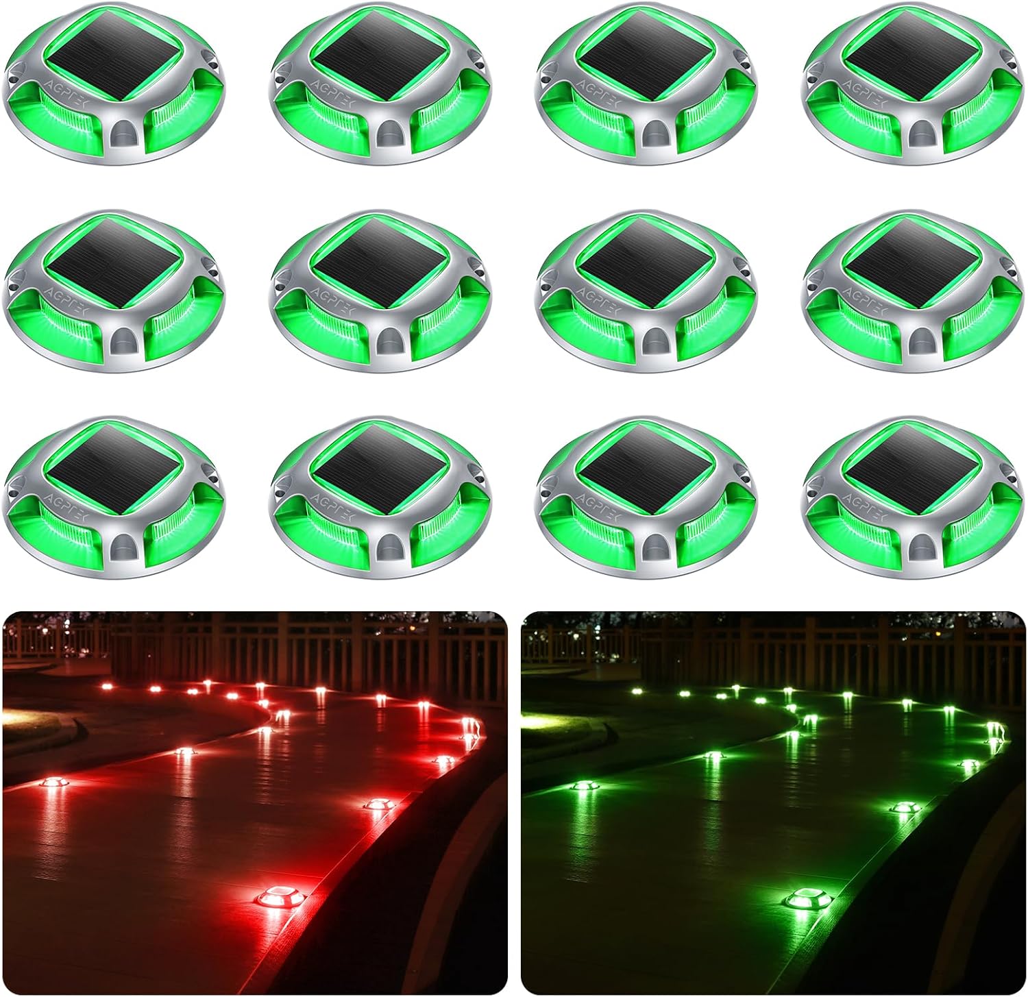 AGPTEK Solar Driveway Lights Outdoor 12 Pack, 2 Color Modes LED Deck Dock Marine Waterproof Security Marker Lights for Step Sidewalk Stair Garden Pathway Walkway Yard(Green/Red)
