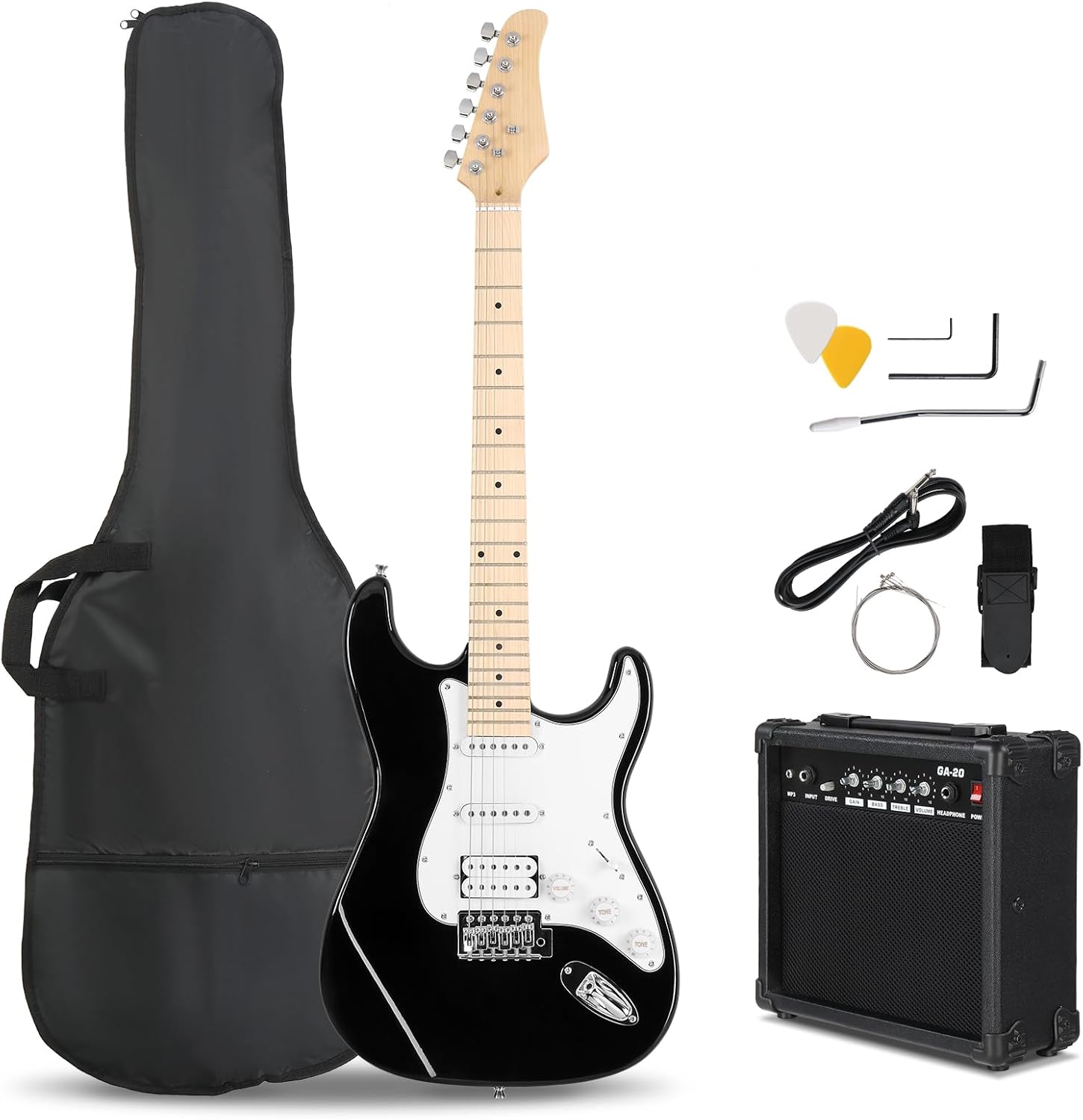 Ktaxon 39 Inch Electric Guitar Kit for Beginner, HSS Pickups 6 String Solid-Body Full Size Adults Electric Guitars W/Amplifier, Bag, Strap, Cable, Accessories - Black