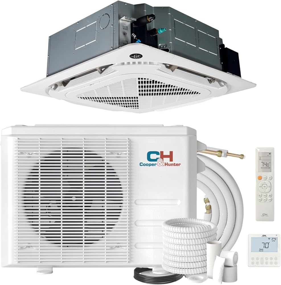 Cooper & Hunter 18,000 BTU Ceiling Cassette Ductless Mini Split AC/Heating System with Heat Pump Wall Thermostat and Installation Kit