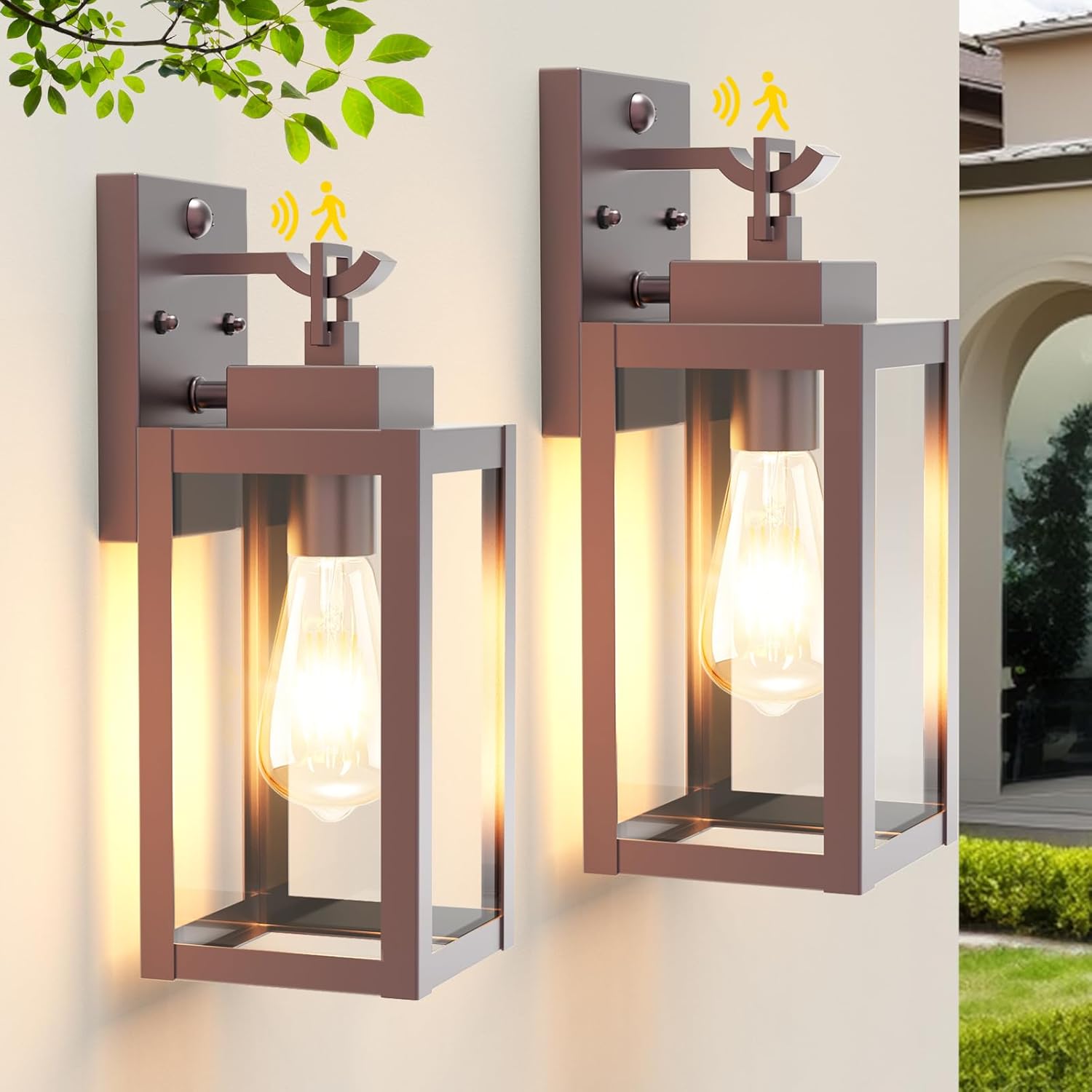 2-Pack Motion Sensor Porch Lights Outdoor, Farmhouse Brown Dusk to Dawn Exterior Lighting Fixtures with 3 Modes, Waterproof Wall Lanterns for House, Backyard, Entryway, Garage