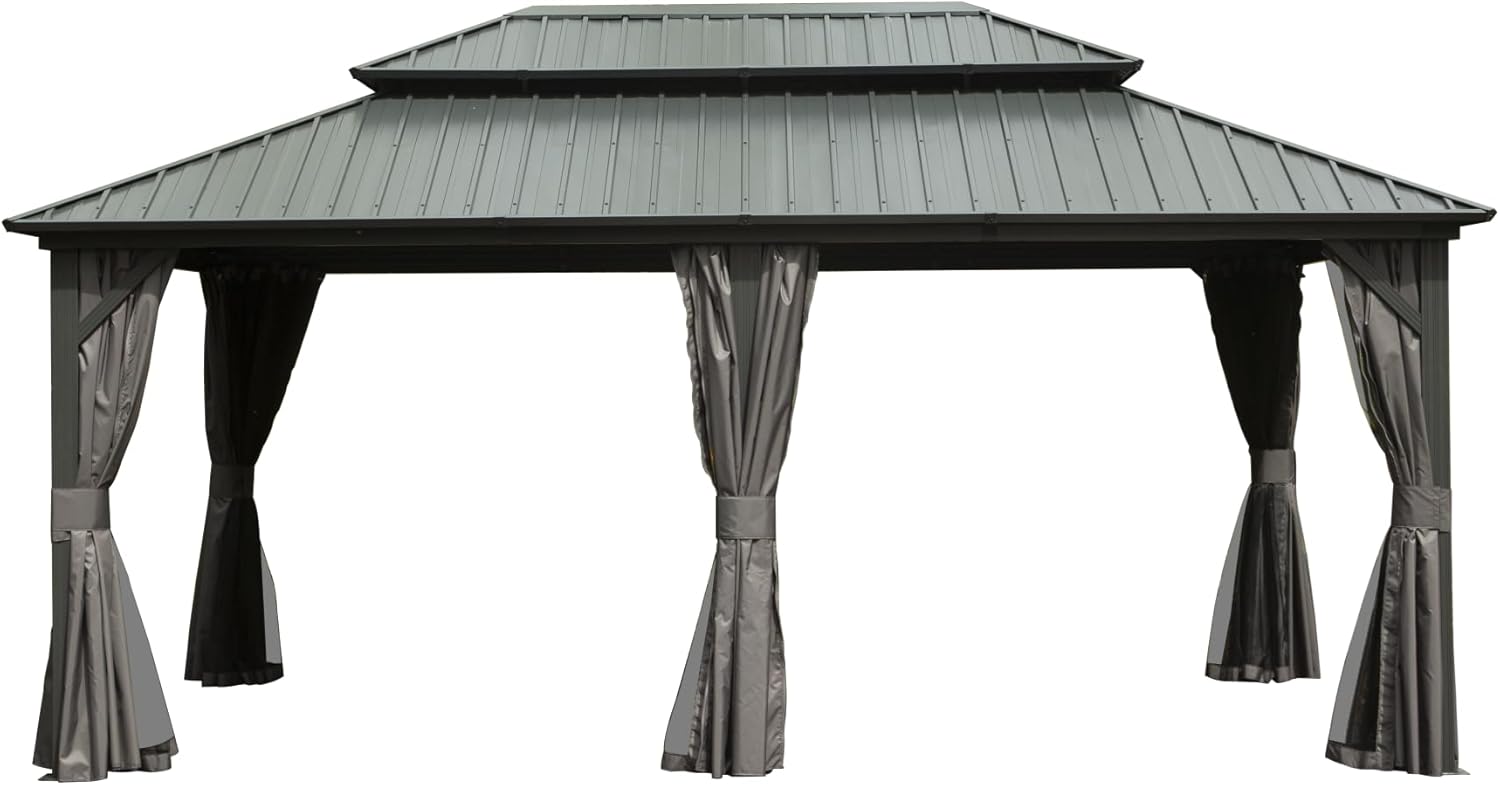 12x18 Inches Hardtop Aluminum Metal Canopy with Galvanized Steel Double Roof – Permanent Gray Shelter for Patio, Backyard, Deck, Lawn – Includes Curtain Netting