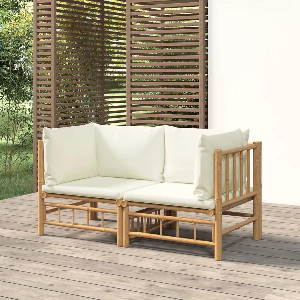 Furniture Sets Patio Corner Sofas with Cream White Cushions 2 pcs Bamboo,Bamboo Patio Corner Sofa Comfortable and Durable for Your Outdoor Space Garden Conversation Sets