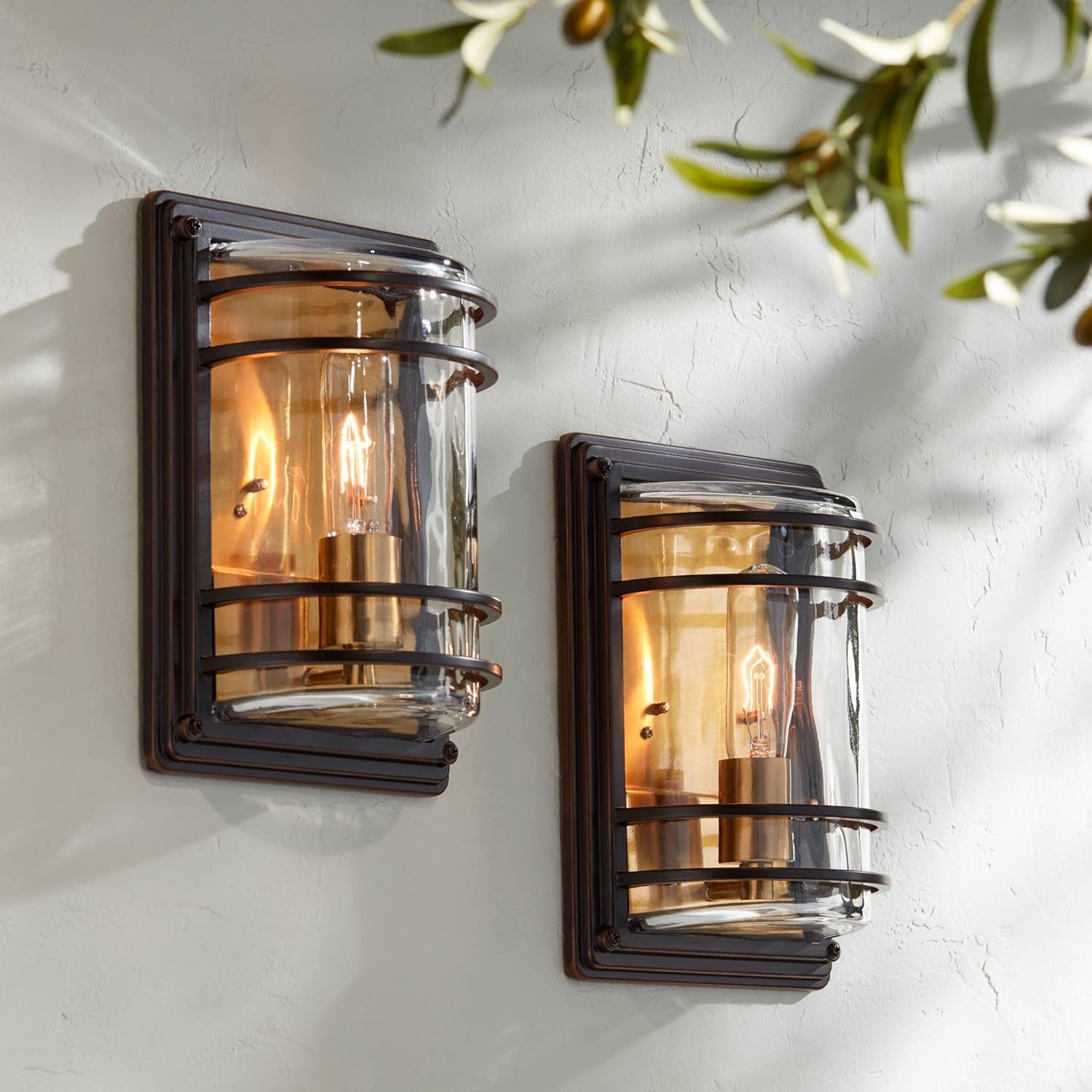 John Timberland Habitat Rustic Industrial Outdoor Wall Light Fixtures Set of 2 Bronze Warm Brass 11
