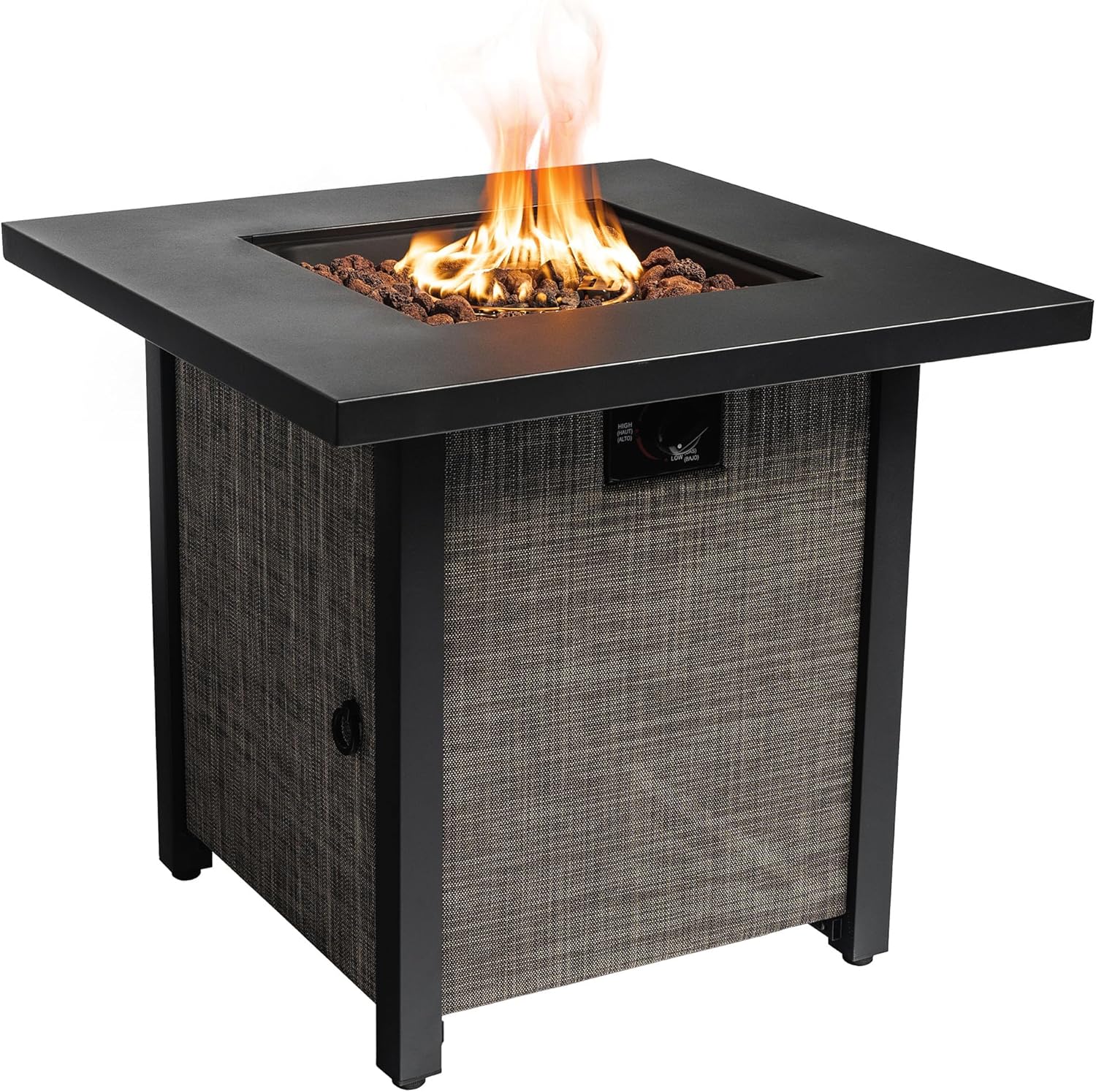 GOWE 40000BTU Square Propane Fire Pit Table Steel Tabletop with Textilene Side Panel, Steel Lid and Rocks