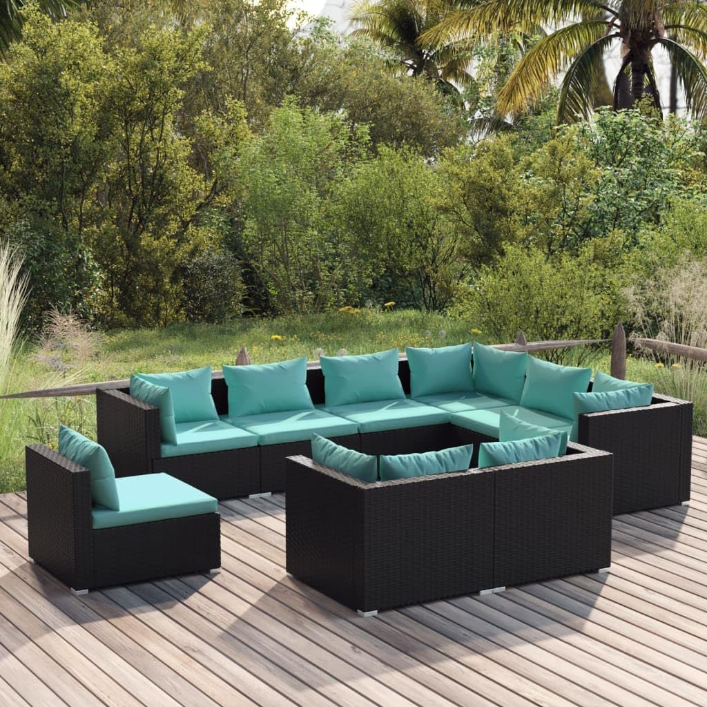 9 Piece Patio Lounge Set with Cushions Poly Rattan Black,Premium Patio Lounge Set: WaterResistant, Modular, and UltraComfortable Furniture Sets for Patio, Lawn & Garden