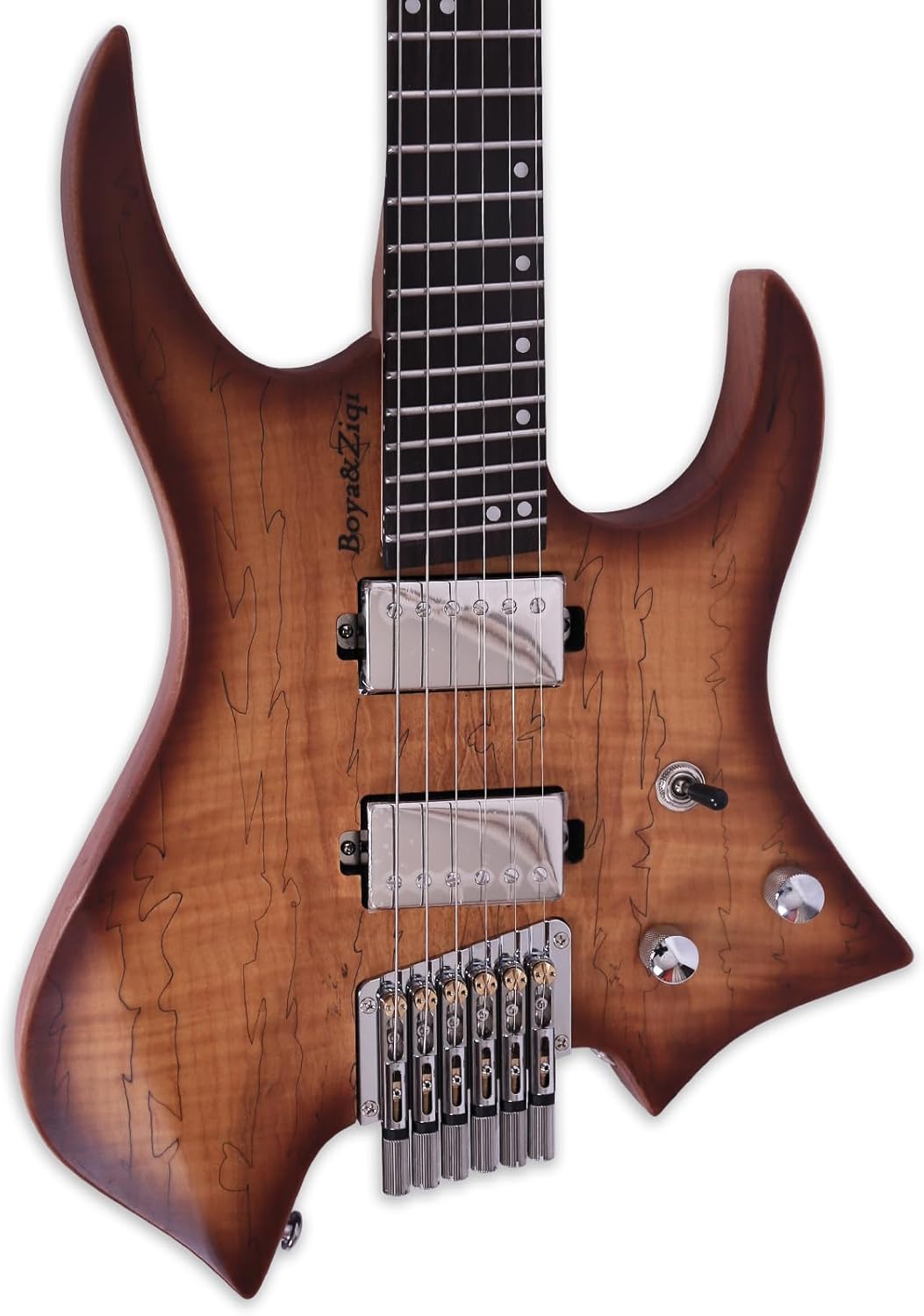 Boya&Ziqi Headless Electric Guitar LIZARD-6,FANNED FRETS, Independently Adjustable Bridge,Split coil control,5-Piece Maple/Streaked Ebony Neck (Natural Burst Spalted Maple, Right)