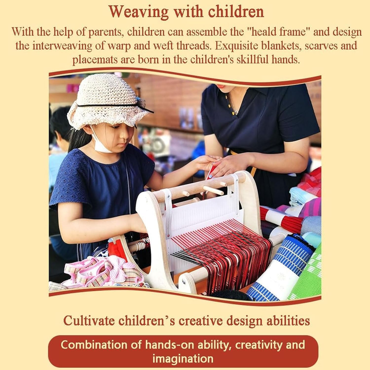 Adjustable Hand-Knit Machine, Wooden Desktop Weaving Machine, 20CM Weaving Width, Foldable Multi-Craft Loom Set, with Yarns,Rods,Combs&Shuttles, for Hand Assembled, Freehand Drawing, Creative Training