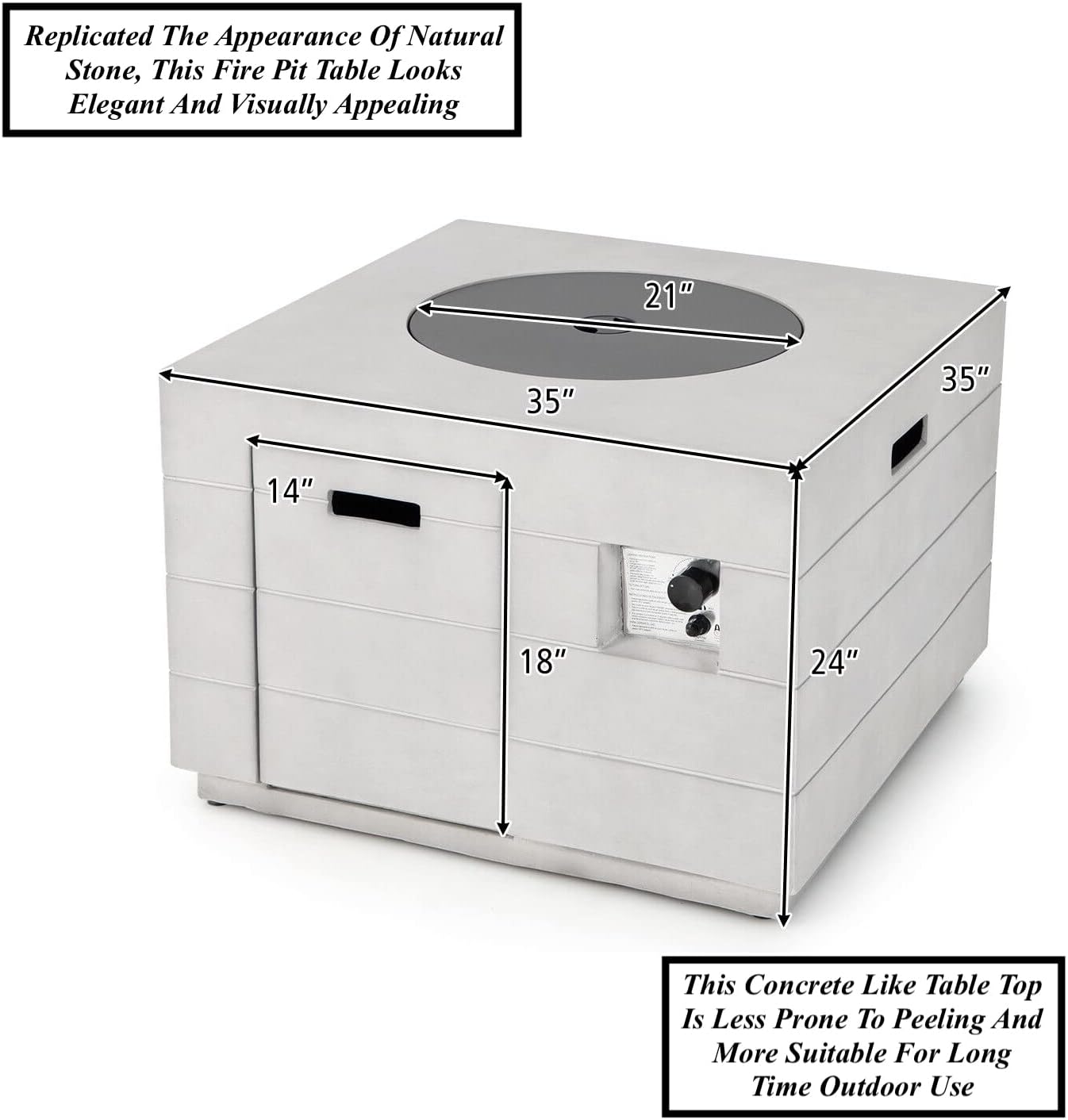 2 in 1 Design Square Concrete Propane Gas Fire Pit Table Patio Coffee Table with Lava Rock PVC Cover 50,000 BTU Heating Output Stainless Steel Burner Perfect for Backyard Poolside Garden Use