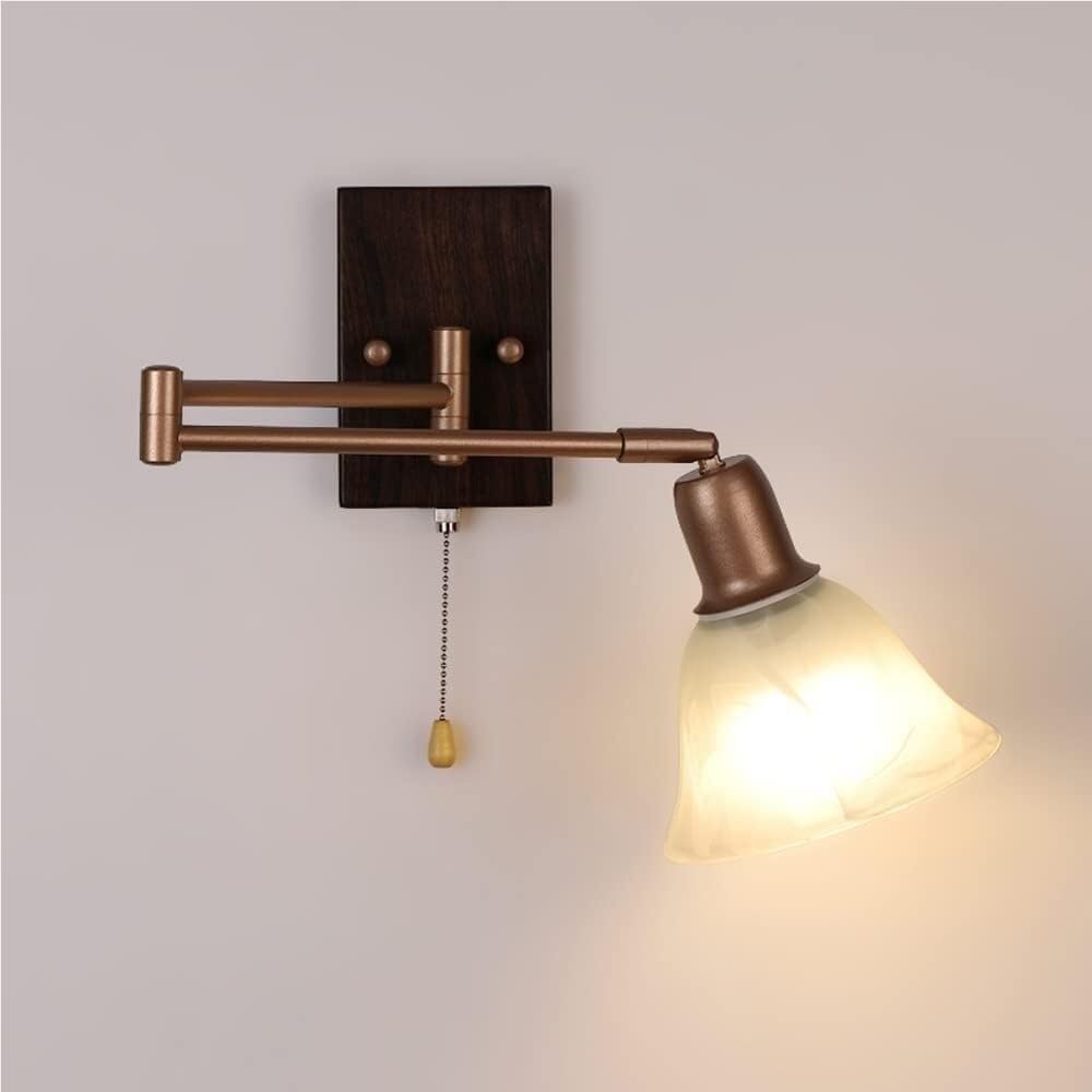 Adjustable Swing Arm Wall Sconce, Retro Antique Glass Wall Lamp with Pull Wire Switch, Hardwired Reading Wall Light, Corridor, Balcony, Aisle, Bedroom Bedside Lighting Fixture(A)