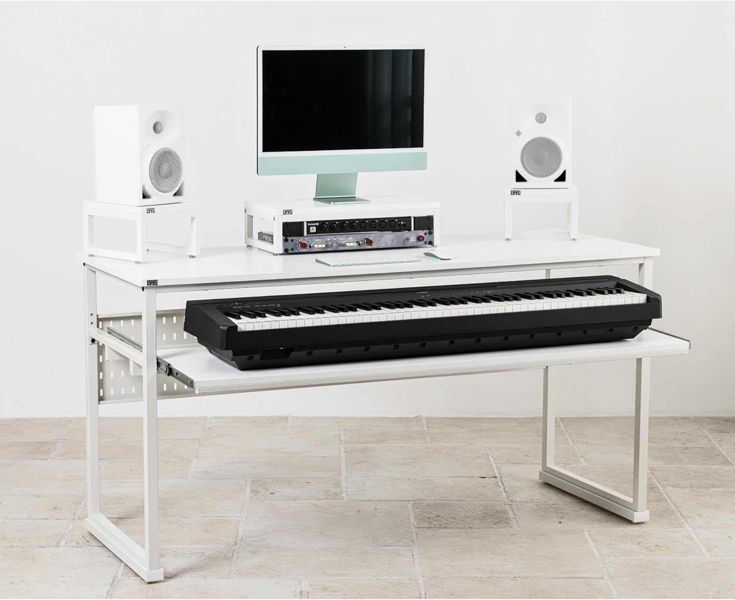 Music Studio Desk with Keyboard Tray and Height Adjustment Bracket, for Full 88 Keys (Music Producer Desk)(White, 88 Keys)