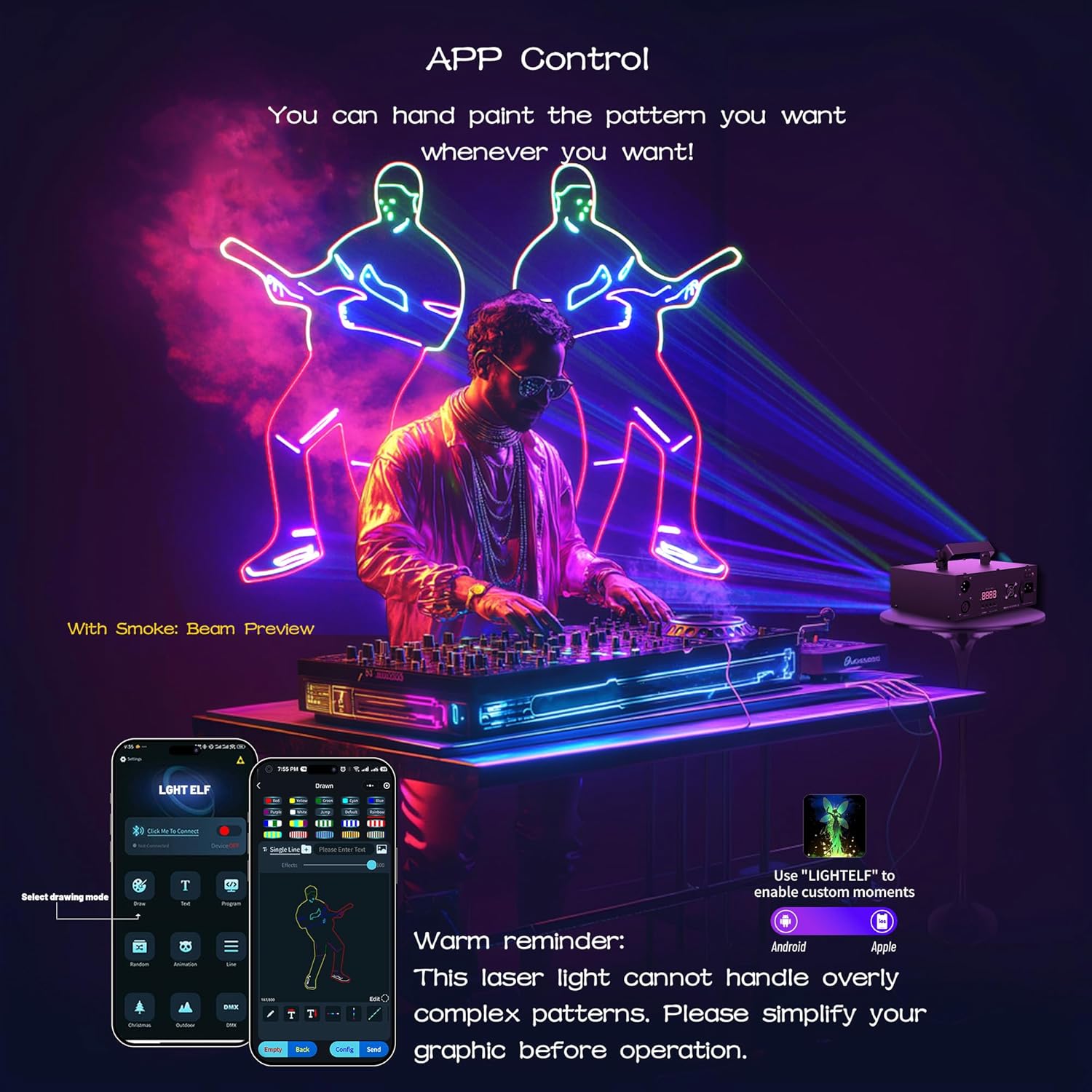DJ Laser Lights with APP Control, Custom Laser Projector, 3D Animation,Beam Effect,DMX512, Full Color, Supports Text, Programming, Drawings, Sound Activated, Laser Machine for Disco Stage Karaoke Bars