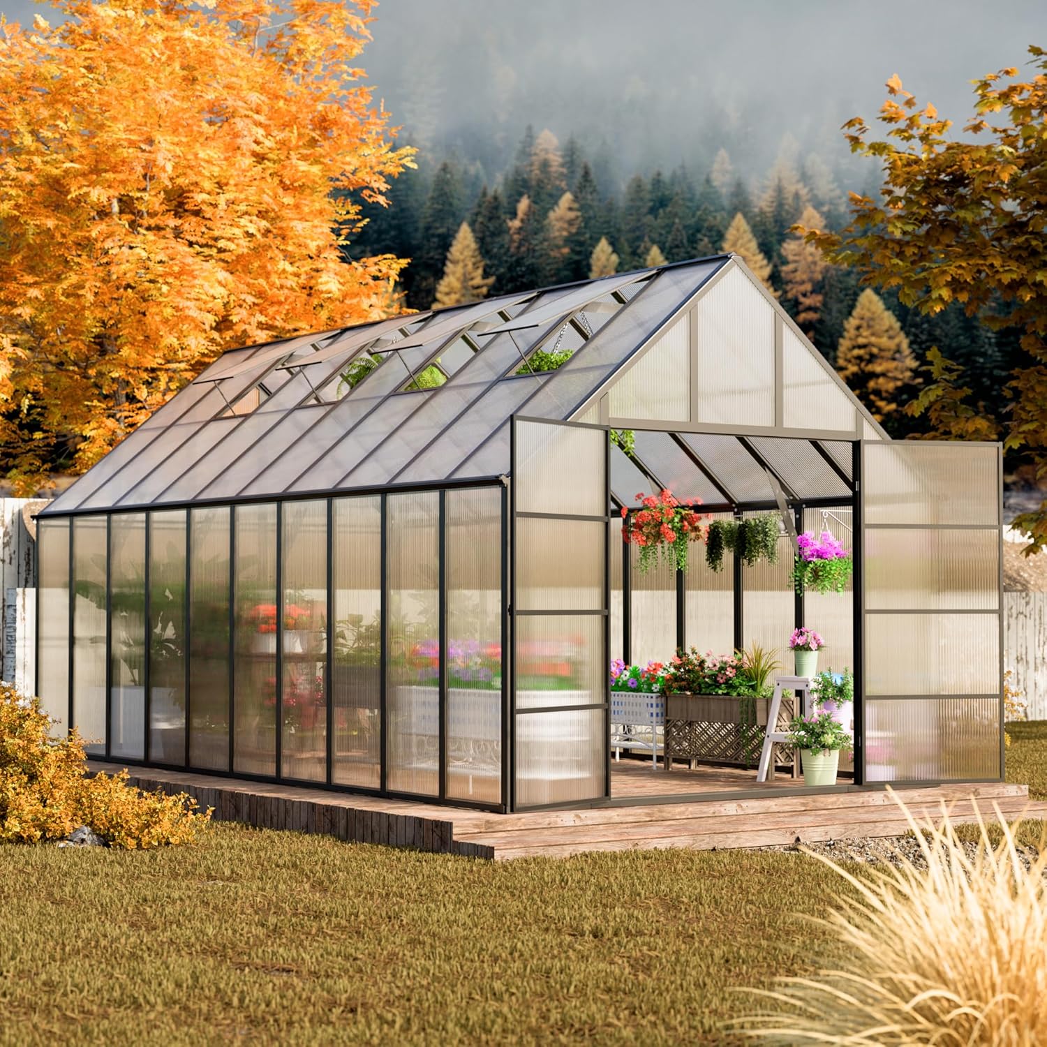 10x20 FT Greenhouse for Outdoor, Large Easy Assembly Heavy Duty Polycarbonate Panels Aluminum Frame Walk-in Green House with 3 Windows Wider Door for Garden Plants