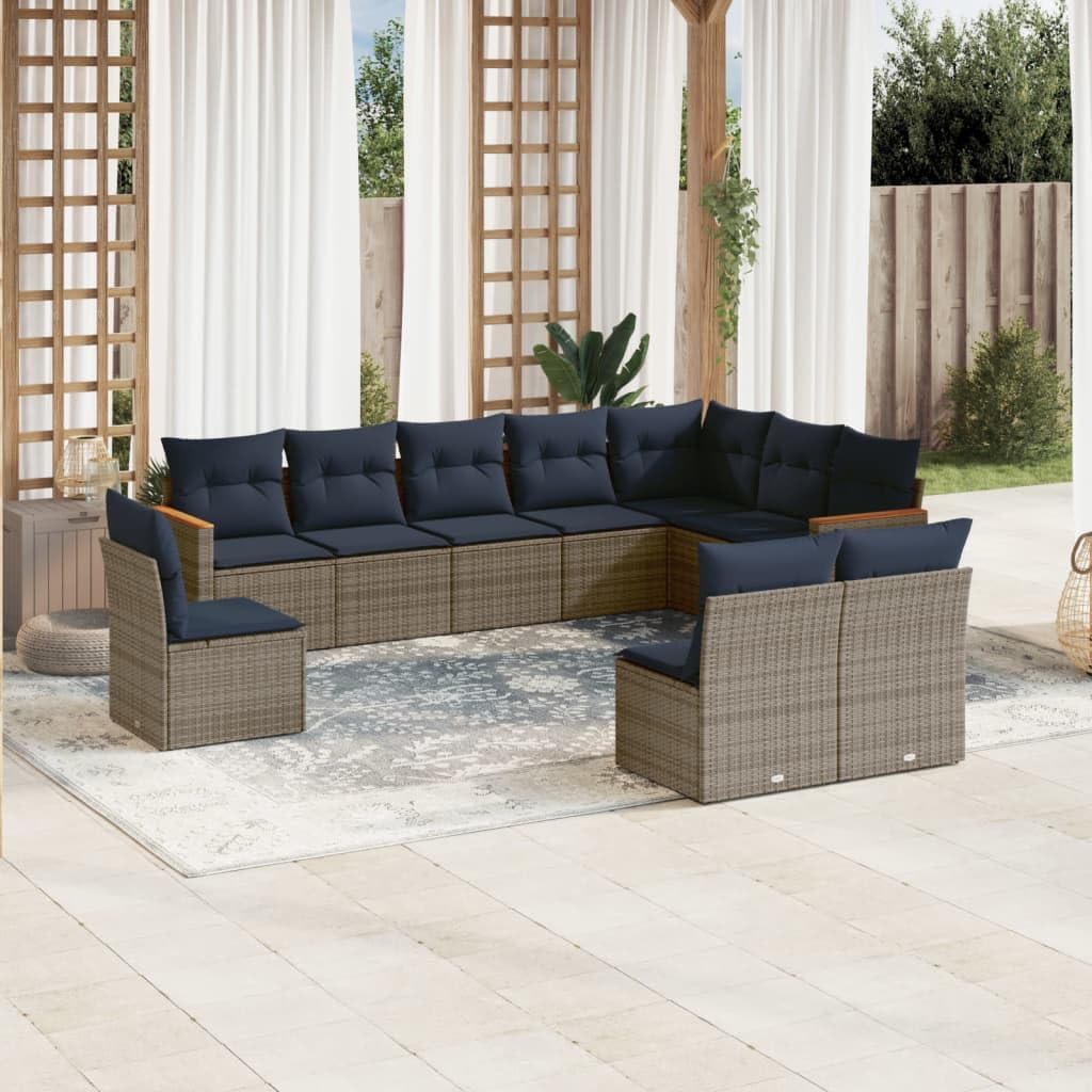 10 Piece Garden Sofa Set, Grey Poly Rattan Outdoor Patio Furniture with Cushions, Modular Design for Backyard, Terrace, UV-Resistant