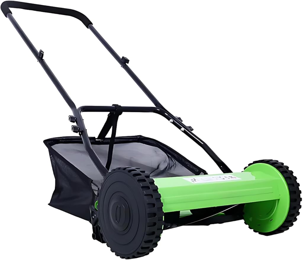 14-Inch 5-Blade Push Reel Lawn Mower with Grass Catcher, Green - Adjustable Height Precision Cutting, Eco-Friendly Manual Lawn Mower with Durable Steel Blades for Lawn Maintenance