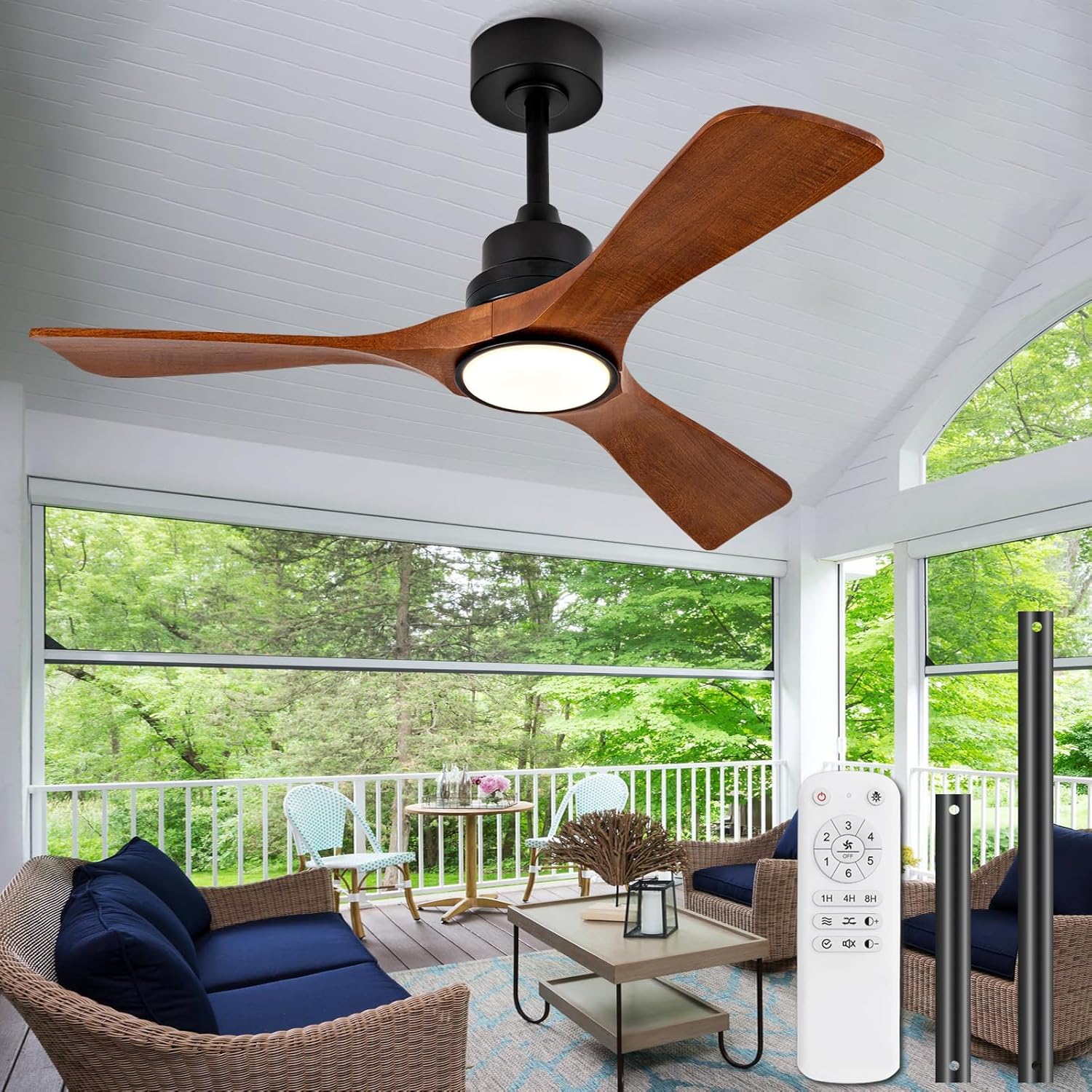 42 Inch Ceiling Fans with Lights and Remote, 3 Blade Wood Ceiling Fan with Light, Dimmable, Reversible DC Motor, Memory Function, Modern Indoor Outdoor Ceiling Fans for Patio