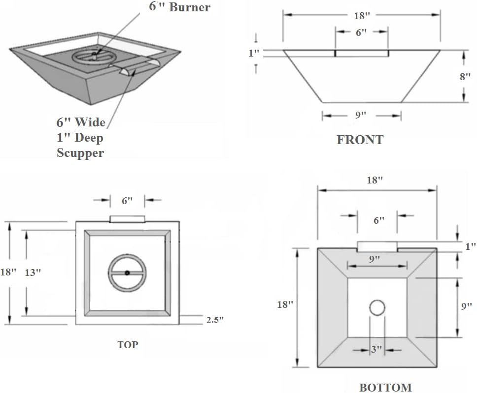 18 Inch Square Hammered Copper Metal Outdoor Propane or Natural Gas Fire Pit with Waterfall Fountain Water Feature