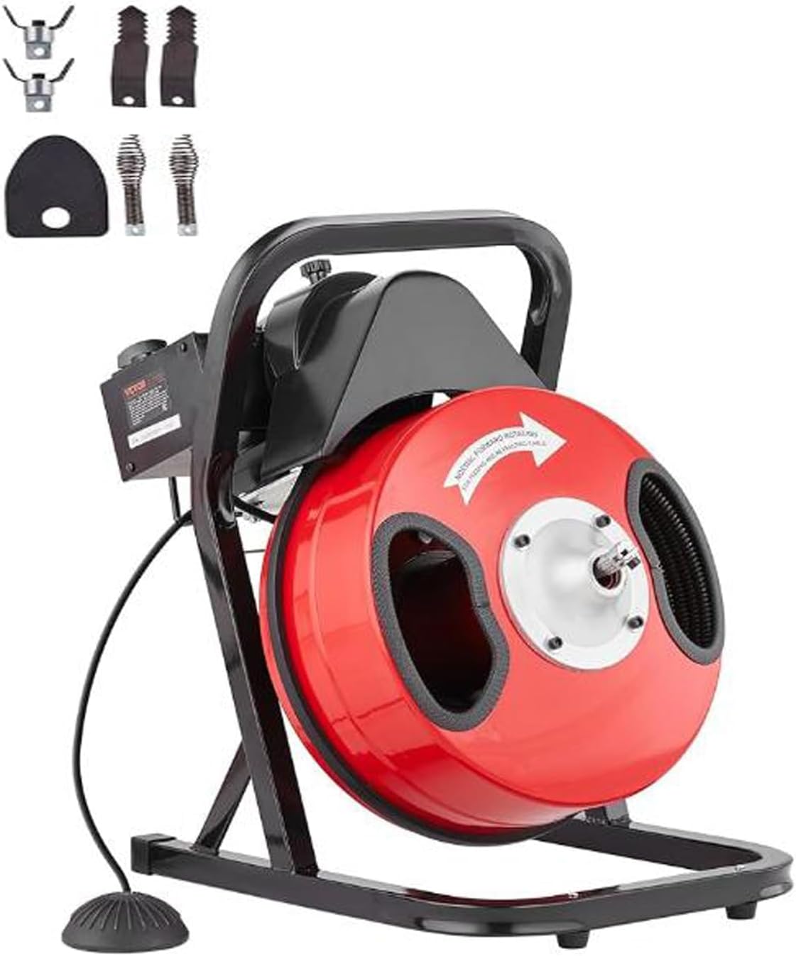 Electric Drain Cleaning Machine with Wheels - 50FT x 1/2 Inch Auto-Feed Sewer Snake Auger, 6 Cutters, Air-Activated Foot Switch, For 1