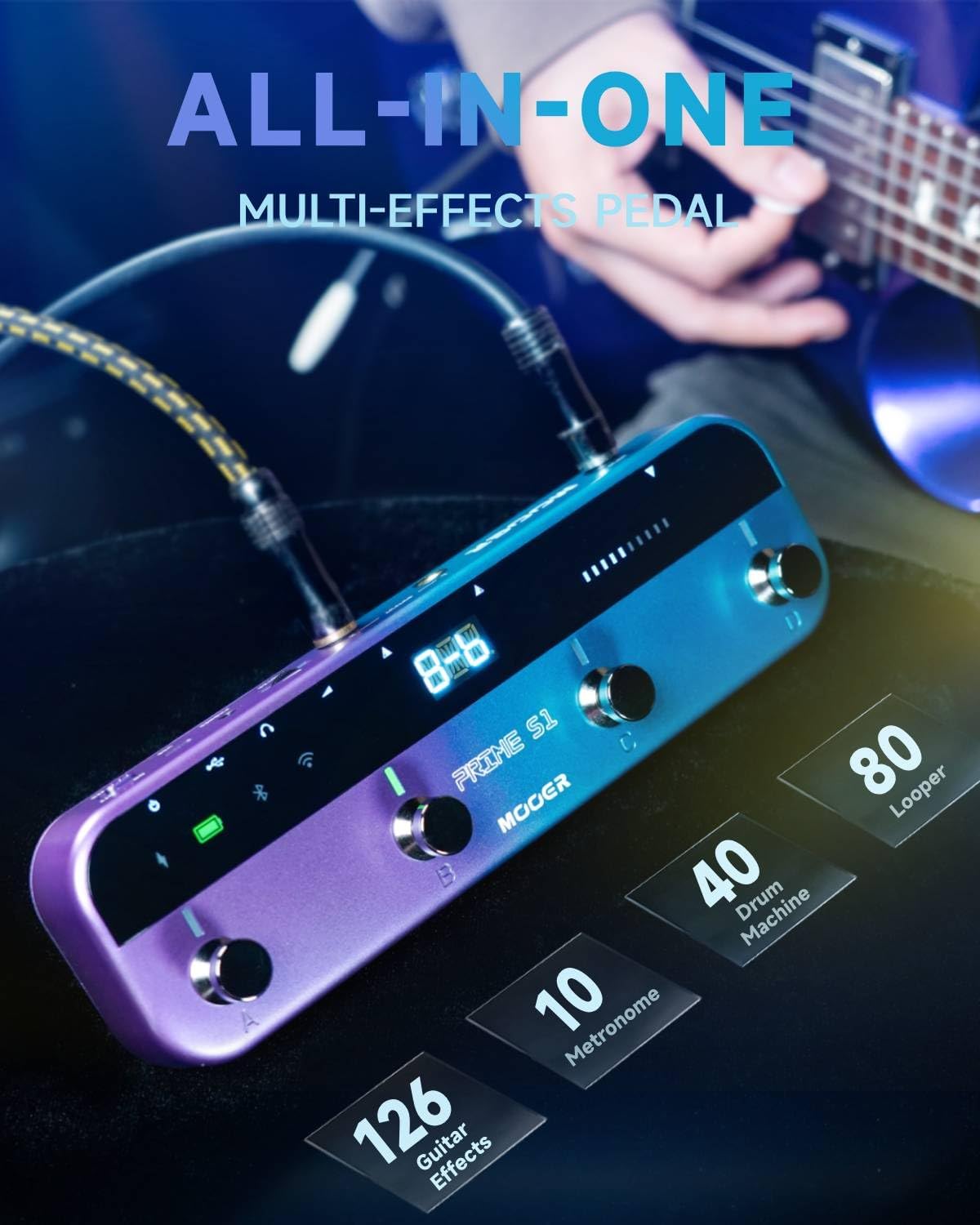 MOOER Prime S1 Intelligent Pedal Stereo Guitar Multi Effects Processor 8 Footswitches, F4 Wireless Contoller for Preset Switching and Looper and Drum Machine Control
