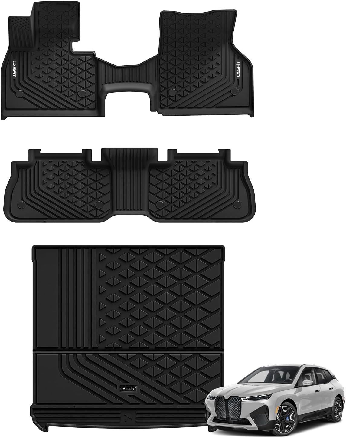 LASFIT Floor Mats & Cargo Liner for BMW IX 2022-2024 2025 2026 xDrive45 xDrive50 xDrive60 M60 M70, All Weather Protection Floor Liners, TPE Car Mat for BMW Accessories 1st & 2nd Row & Trunk Full Set