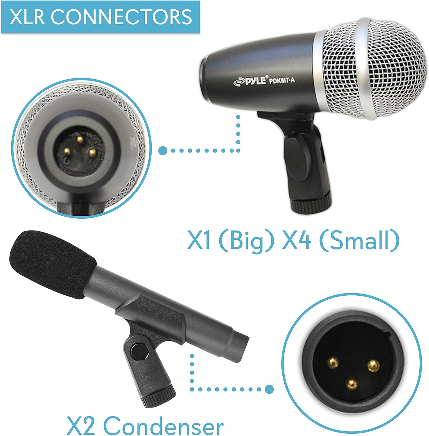 Pyle 7-Piece Wired Dynamic Kit-Kick Bass, Tom/Snare & Cymbals Microphone Set-for Drums, Vocal, & Other Instrument-Complete with Thread Clip, Inserts, Mics Holder & Case, Black