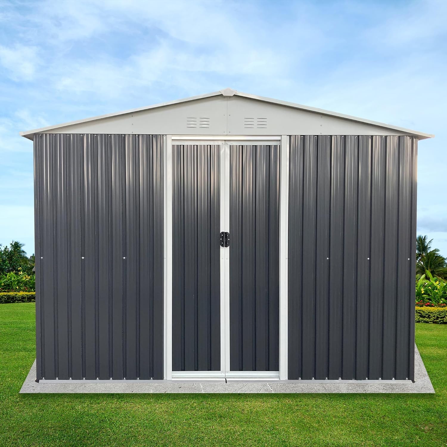 ZeHuoGe Outdoor Storage Sheds, Garden Shed with Windows, Metal Utility Tool House with Lockable Door, Heavy Duty Storage House (Grey, 10 x 8 FT)