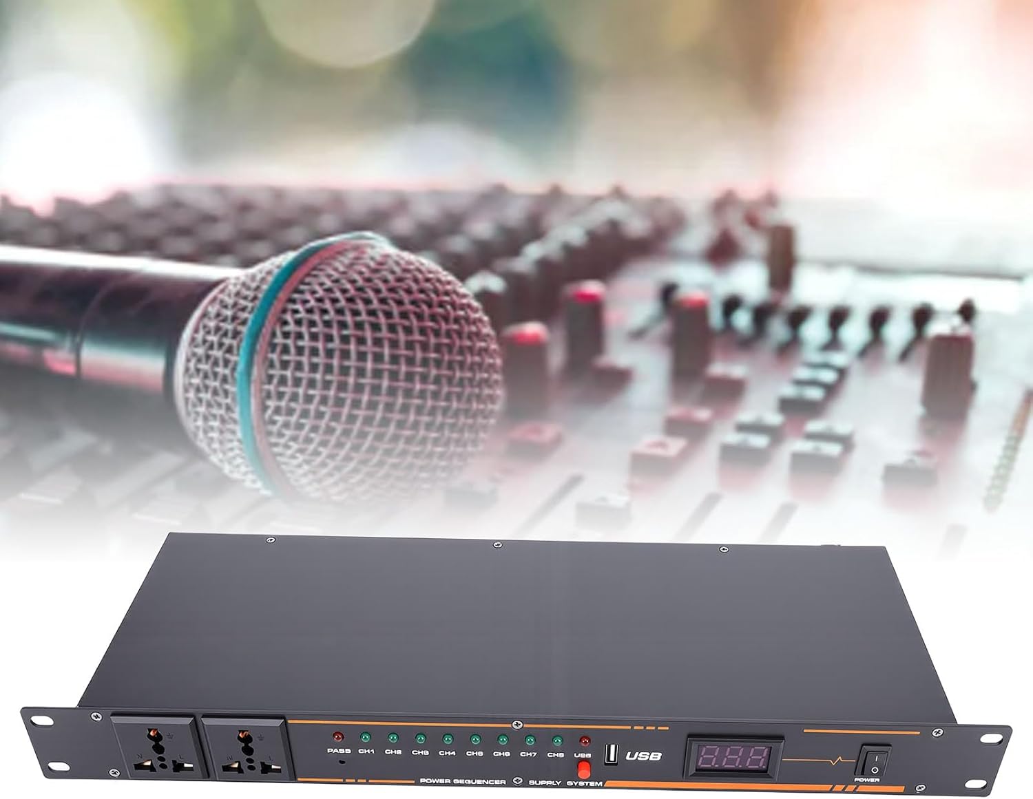 PUSOKEI 10 Outlet Power Sequencer Conditioner, Audio Equipment Power Sequencer Regulator with Digital Display, Rack Mount, for Home Theater, Stage, Studio (10 Outlet)