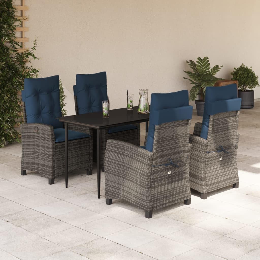 5 Piece Patio Dining Set with Cushions Gray Poly Rattan,Rattan Patio Furniture Dining Set with Adjustable Chairs and Tempered Glass Tabletop for Garden and Outdoor Spaces Patio Furniture Sets, Outdoor