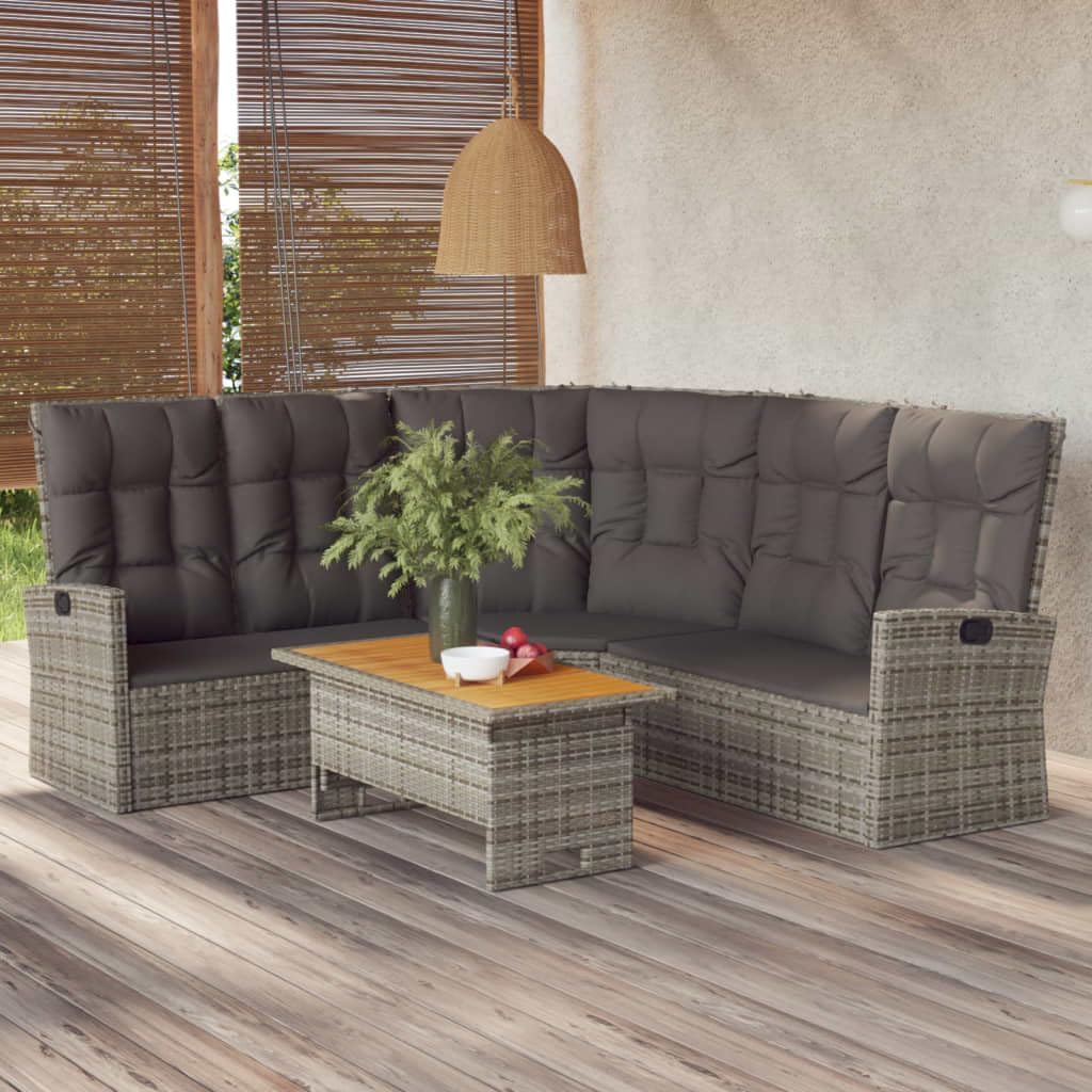 2 Piece Patio Lounge Set with Cushions Gray Poly Rattan,Stylish and Comfortable Patio Lounge Set with Adjustable Backrest and LiftUp Tabletop for Outdoor Relaxation and Entertainment Patio Furniture S