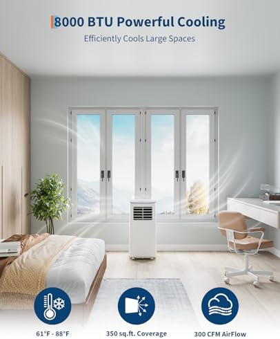 Portable Air Conditioner, 8,000 BTUs Room Air Conditioner, 3 in-1 Cooling AC Portable Air Conditioner with Fan & Dehumidifier, Standing Air Conditioner, Ventless Floor AC