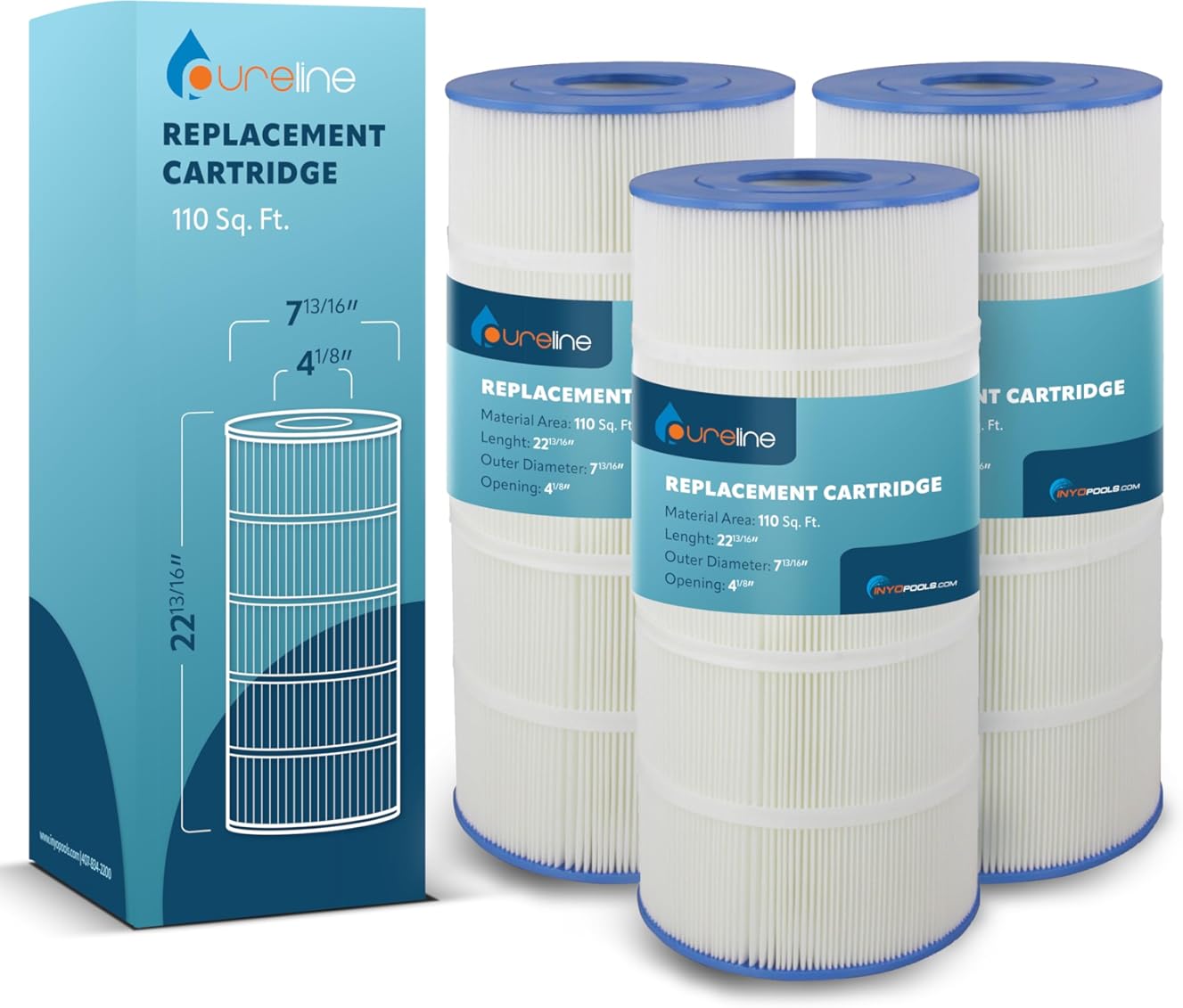 Pureline 110 Sq Ft 3-Pack Pool Replacement Cartridge Filter, Compatible with Jacuzzi Triclops TC330 (Non Triangular Cartridges only)