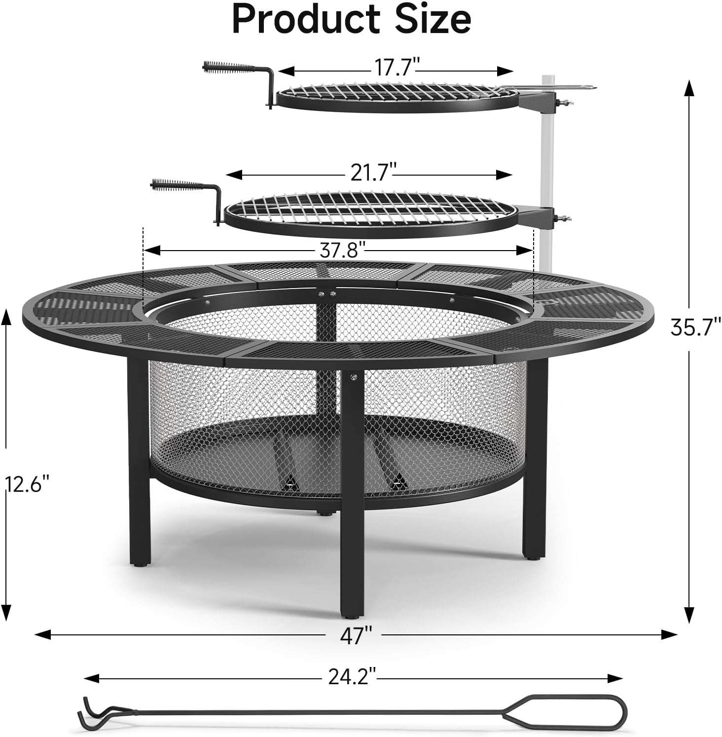 ONBRILL 2-in-1 47 Inch Fire Pit with 2 Swivel Cooking Grills, Outdoor Wood Burning Firepit with Poker for BBQ, Bonfire, Picnic, Party, Round Metal Fire Pit for Outside, Backyard, Patio
