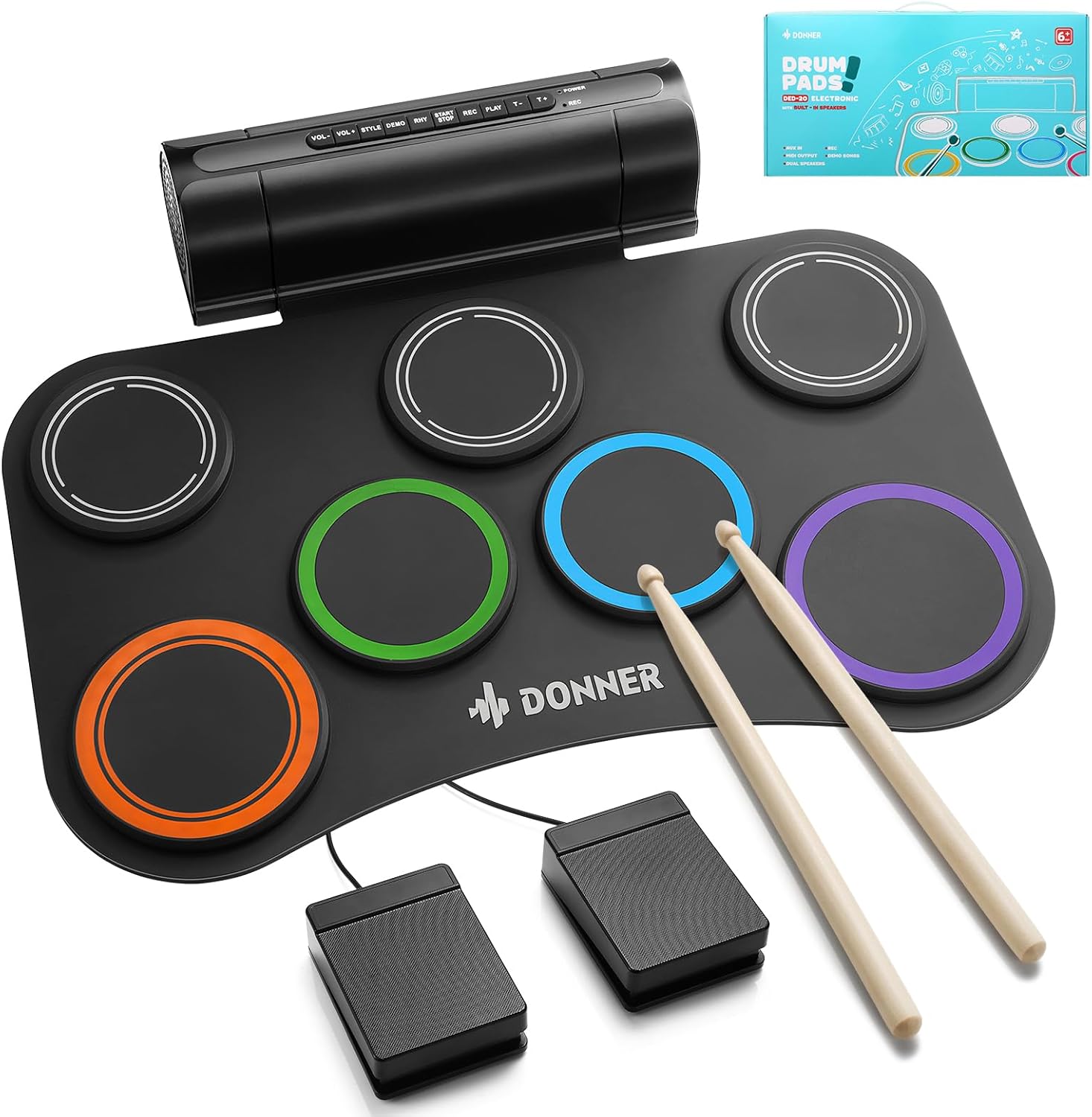 Donner Electric Drum Set Upgrated, 7 Pads Electronic Drum Pad Roll Up Quiet Drum Pad Built-in Speaker, 40 Lessons Included, Kids Holiday Christmas & Birthday Gift Instrument Toys(DED-20R) NEW