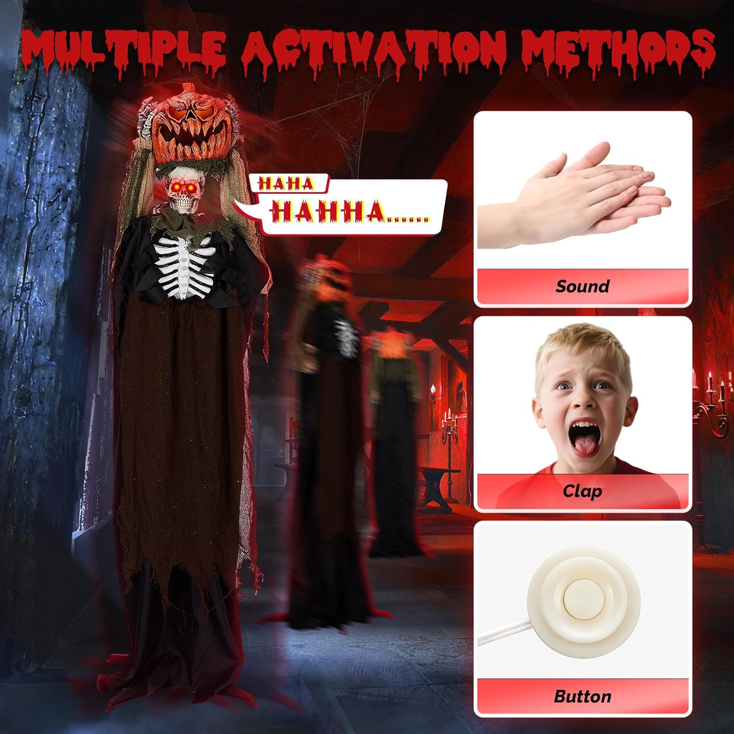 VINGLI 5.6ft Pumpkin Man Life Size Animatronic – Sound Activated, Light-Up Eyes (orange), Head Movement, Battery Operated Indoor Outdoor Yard Decor, Haunted House Scary Decoration, Motion Sensor Hallo