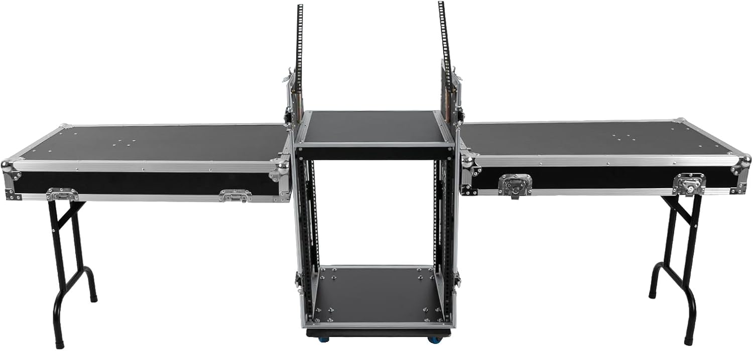 14U Mobile PA DJ Rack Road Case, Network & Stereo Rack with DJ Mixer Tops, Heavy-Duty 2-Tier Studio Equipment Cabinet with 4 Wheels, Amplifier Mixer Storage Stand for Live Sound, KTV, Home Theater