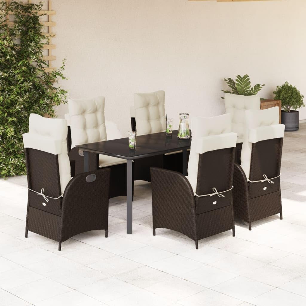 Furniture Sets 7 Piece Patio Dining Set with Cushions Brown Poly Rattan,Comfortable Outdoor Dining Set with Adjustable Reclining Chairs and Glass Tabletop Garden Conversation Sets