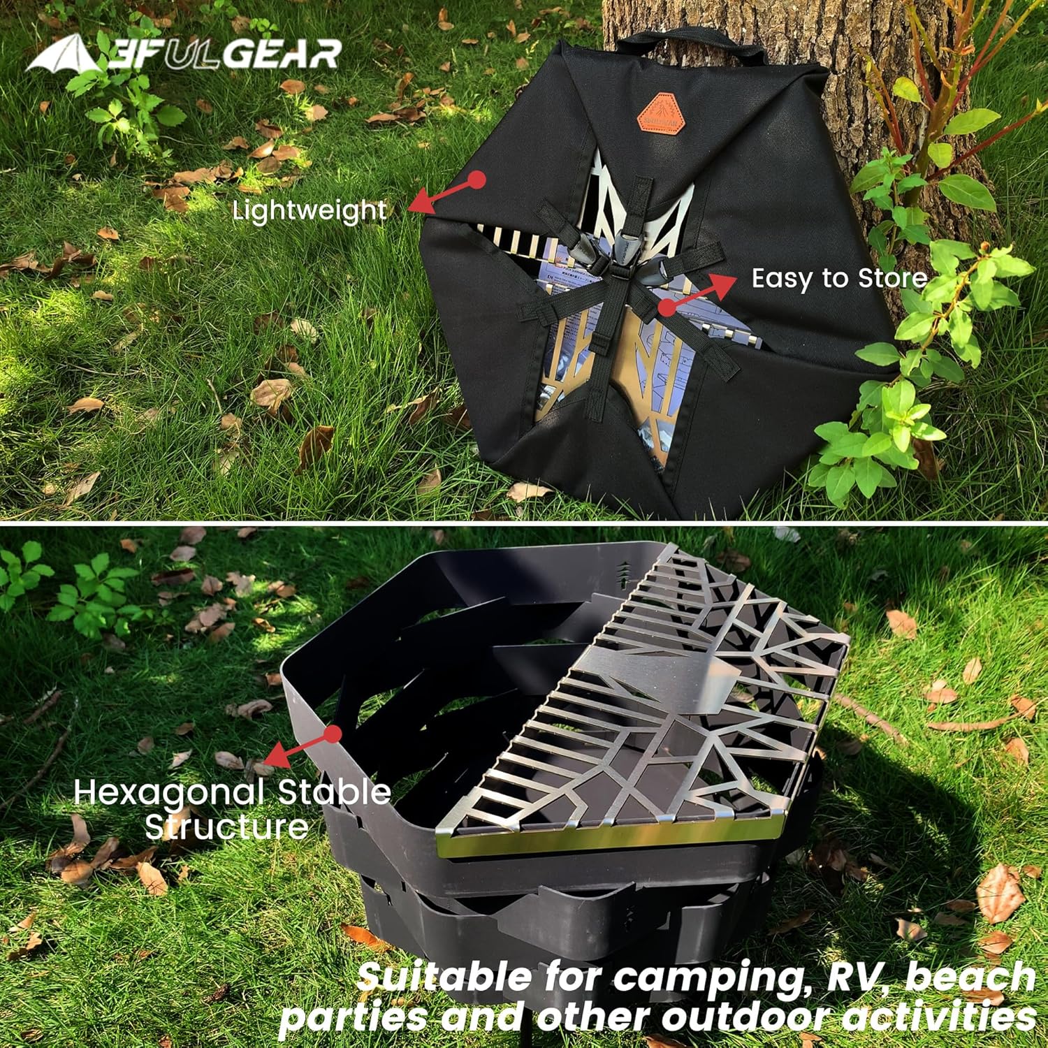 Fire Pit, Halo Fire Place Outdoor Portable Wood Fire Pits Includes A Grill, A Bag, Hexagonal Fireplace for Patio Camping Gift (Stainless Steel Firepit with a Grill, Large)