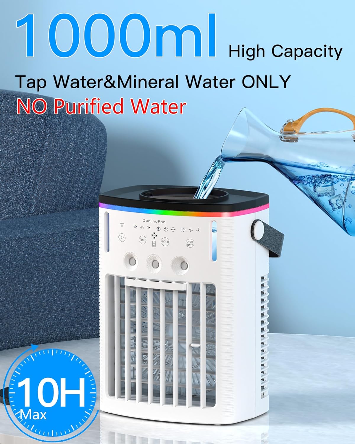 Battery Powered Air Conditioner 6000mAh,Rechargeable Small Air Conditioner for Room,Personal Air Cooler with Mist,Timer,Light,Portable Mini AC Unit Cooling Fan for Camping,Tent,Car,Desktop,Bedroom