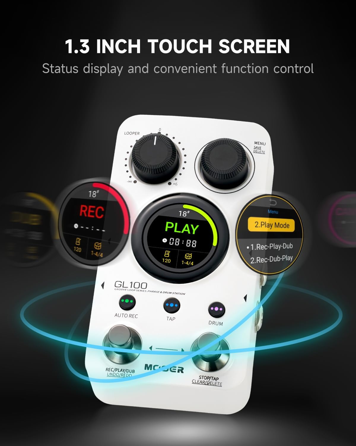 MOOER GL100 Looper Pedal Drum Machine, 2 in 1 Drum Looper Guitar Pedal 1.3-inch Touchsreen 100 Slots with 300 Minutes in Total Auto-record Time Stretch Function Dedicated Editor Software