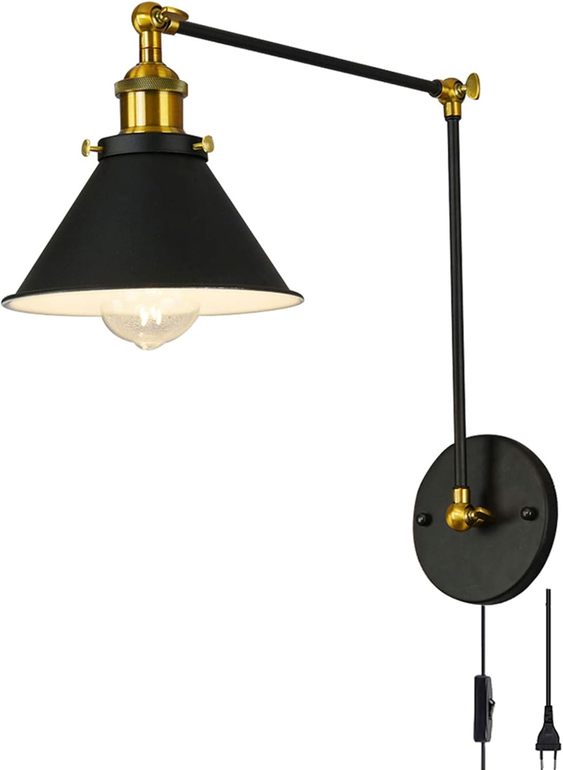 Wall Light Sconces Long Arm Retro Style with Switch, Adjustable Industrial Wall Lamp Bedroom Reading with Plug, Rustic Wall Inddor Vintage with E27 Socket and Brass Lampholder,30+30