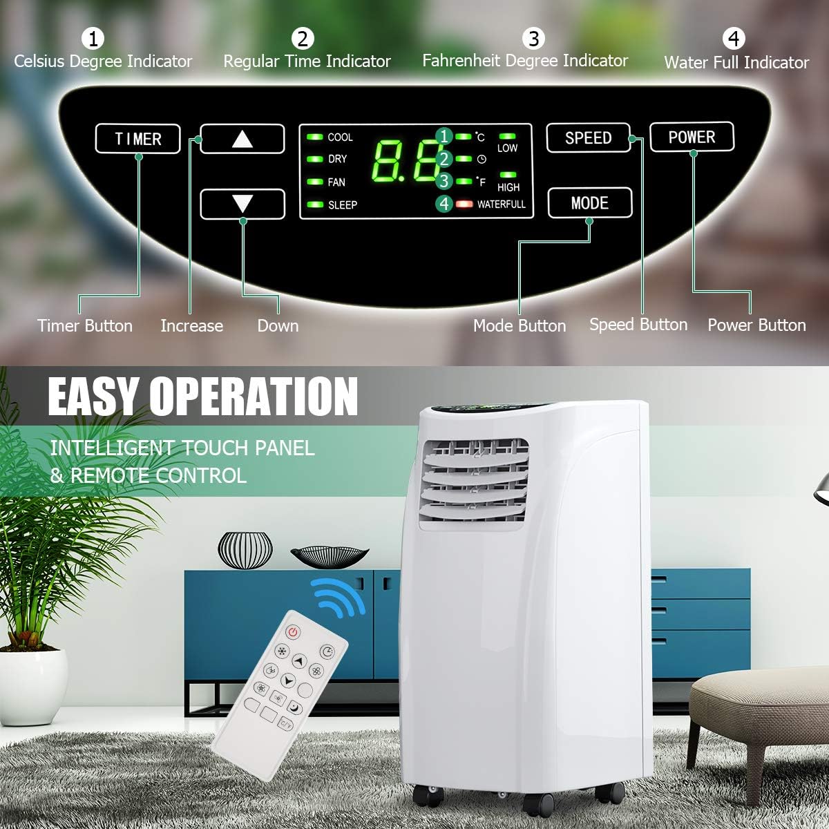 HOMGX 3-in-1 Portable Air Conditioner, 8,000 BTU Powerful Air Cooler w/Fan, Dehumidifier & Sleep Mode, 2 Wind Speeds, 24H Timer, Remote Control & LED Display, Cool Rooms up to 230+ sq. Ft