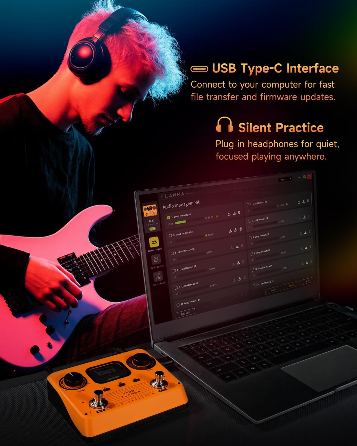 FLAMMA FF20 Looper Pedal Drum Machine, Drum Looper Guitar Pedal with Screen, 300 Min Recording, 220 Drum Grooves, 100 Loop Slots, Time Stretch, Auto Record, USB & Headphone Out, for Guitar and Bass