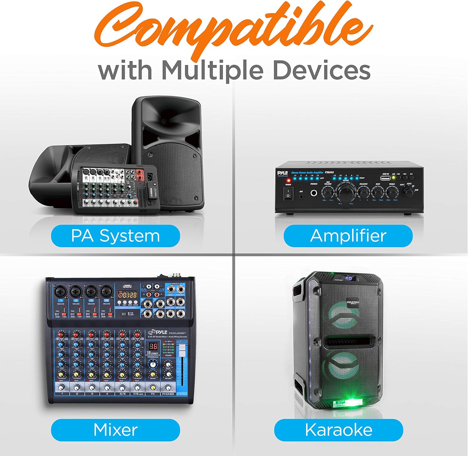 Pyle PPHP898MX 600 Watt 8-Channel Portable Bluetooth Wireless PA Speaker Amplifier Kit & Channel Microphone System-VHF Fixed Dual Frequency Wireless Set with 2 Handheld Dynamic Transmitter Mics