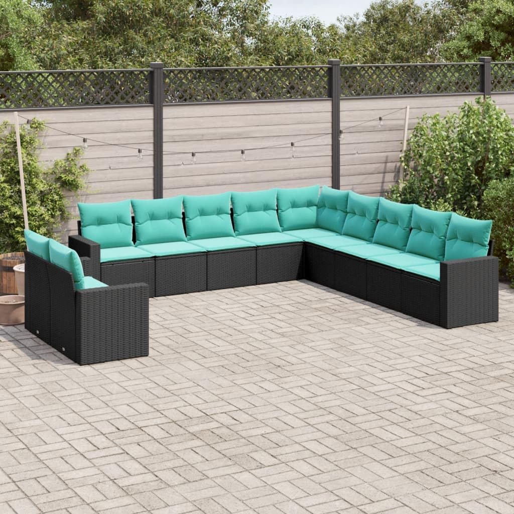 11-Piece Garden Sofa Set Black, Modular Synthetic Poly Rattan Patio Furniture, UV-Resistant Outdoor Table and Chairs for Backyard, Terrace