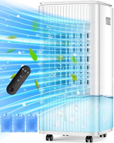 3-IN-1 Windowless Air Conditioner w/Double Tanks, Smart Timer, 3 Ice Packs, 60W Evaporative Air Cooler, 70° Oscillation, 3-Speed 25-INCH Swamp Cooler Air Conditioner Portable for Room