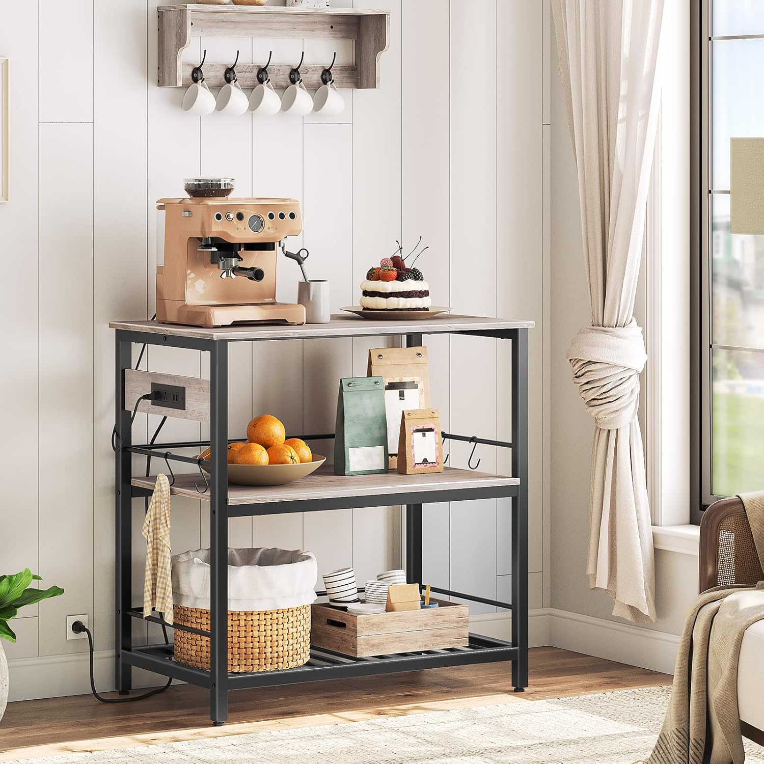 HOOBRO Kitchen Island Kitchen Island with Storage Bundle, Kitchen Island Table with Power Outlet, 3 Tier Coffee Station and Microwave Stand, Greige and Black BG021ZD01-BG08UZD01